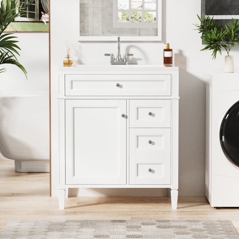 Meuble-lavabo moderne de 30 po avec lavabo supérieur, 2 tiroirs, tiroir coulissant, tablette réglable, glissières de tiroir en métal lisse, fonctions de rangement variées, pieds romains exquis, poignée texturée, blanc