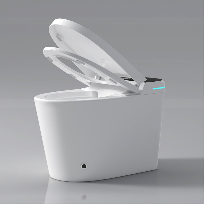 Smart Toilet Bidet With Auto Open/Close - Foot Sensor, Led Screen, Warm Water, White Modern Bathroom Seat, Night Illumination Feature,