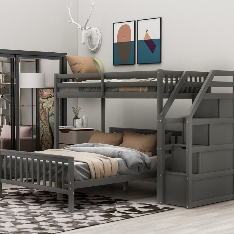 Loft Bed In Gray With Build, Long-Lasting Performance Twin Over Full Bunk Bed, Construction, Gray