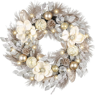 Valery Madelyn 24 Inch Pre-Lit Christmas Wreath for Front Door with Lights, Large Elegant Valentine’s Day Wreath with Champagne Gold Xmas Balls for Table Centrepiece Holiday Party Wedding Decor