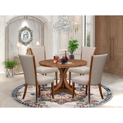 5 Piece Dinette Set Consists of a Round Dining Table with Pedestal and 4 Light Tan Linen Fabric Parson Chairs, Antique Walnut