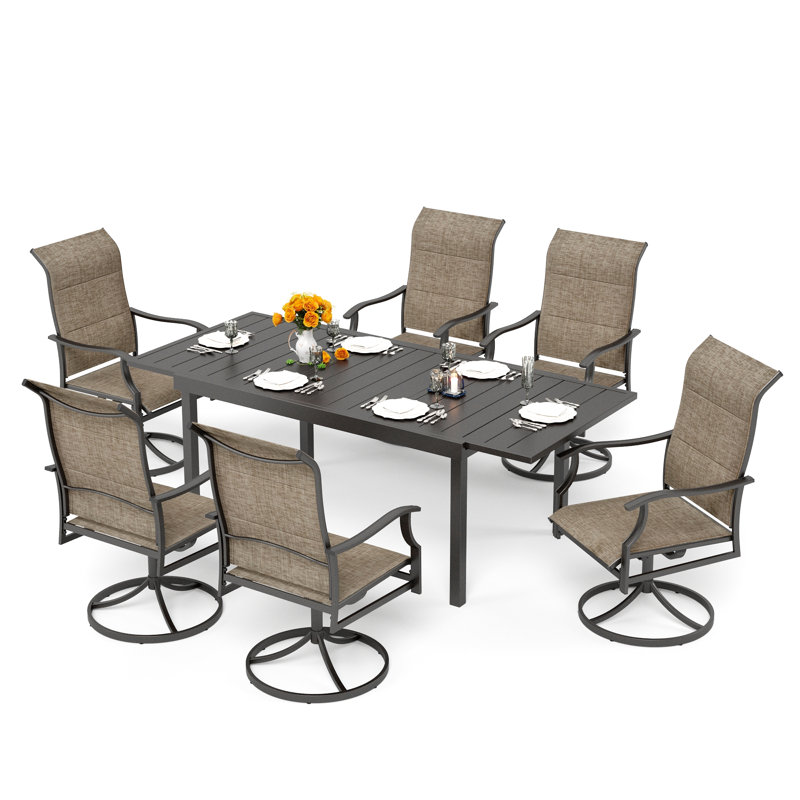 Table de salle à manger d'extérieur rectangulaire extensible avec chaises en métal, 6