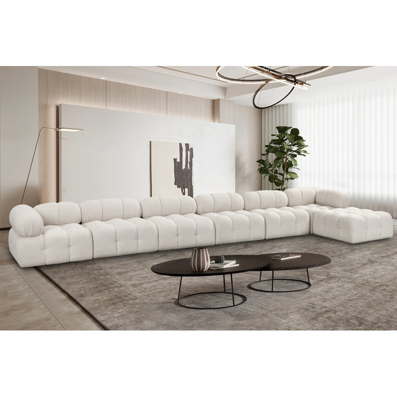 Ames Upholstered Sofa, Cream Boucle Fabric, 4 Armless, 2 Corner, 1 Ottoman
