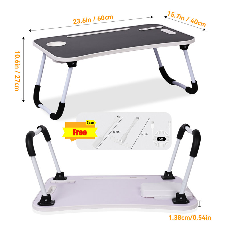 Laptop Bed Desk, Portable Foldable Laptop Table With Usb Charging Port, Pad & Cup Holde, Storage Drawer, Black