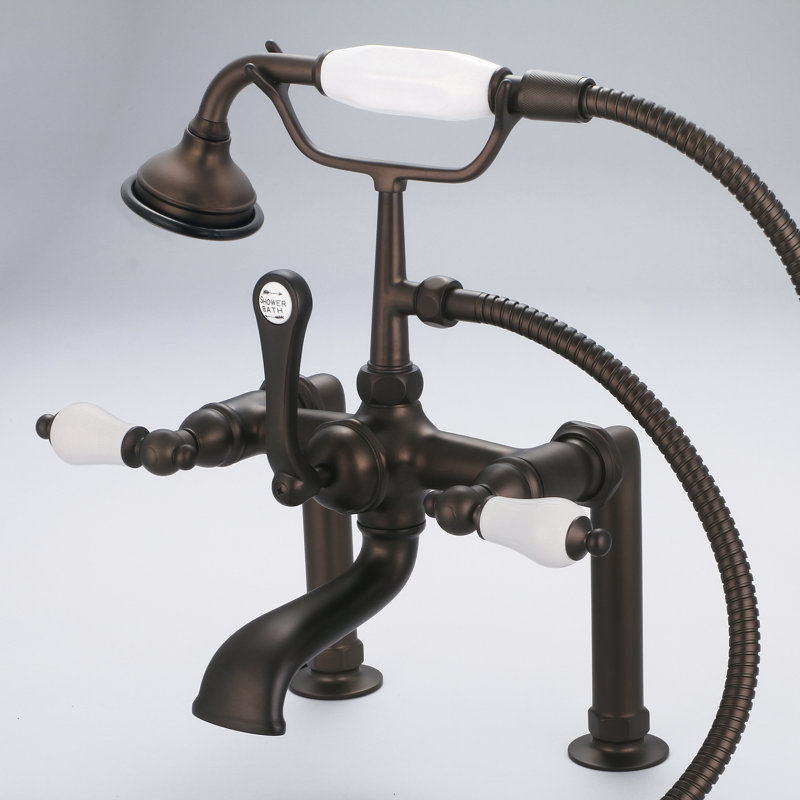 Stonington Deck Tub Spout, Porcelain Lever Handles, Oil Rubbed Bronze