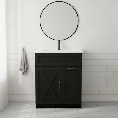 Meuble-lavabo noir de style campagnard (30 pouces) avec lavabo et poignées en métal, avec support à cheveux et prise de courant, conception autoportante.