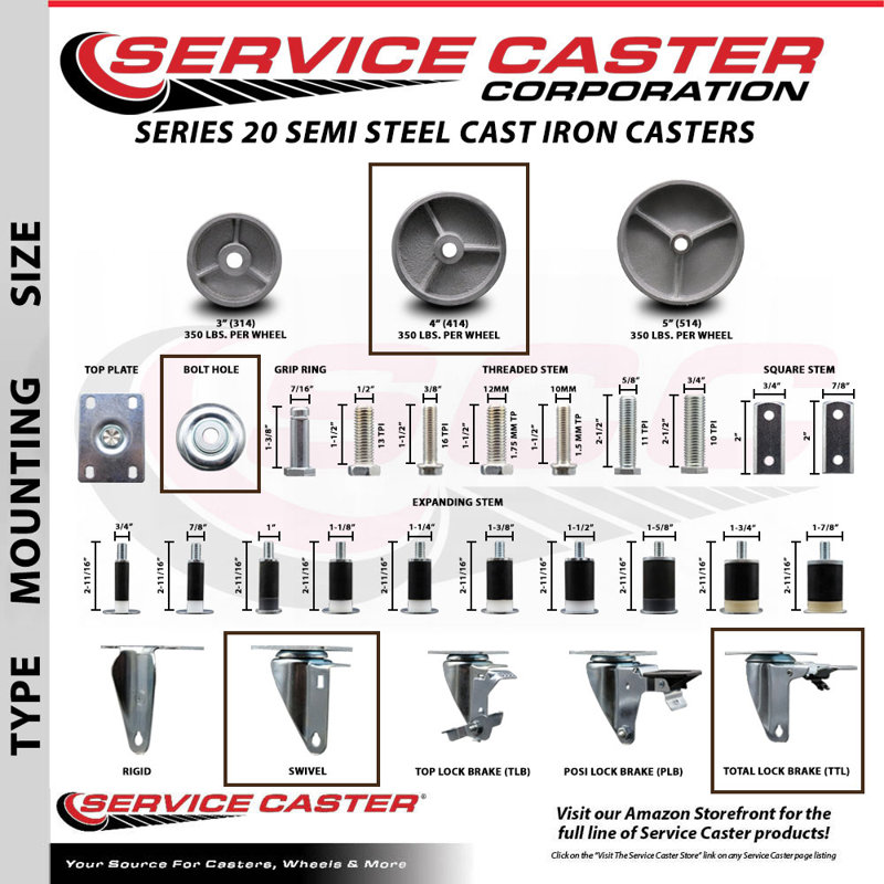 4 Inch Semi Steel Swivel Bolt Hole Caster Set with 2 Total Lock Brake SCC/SCC-BHTTL20S414-SSS-2-S-2