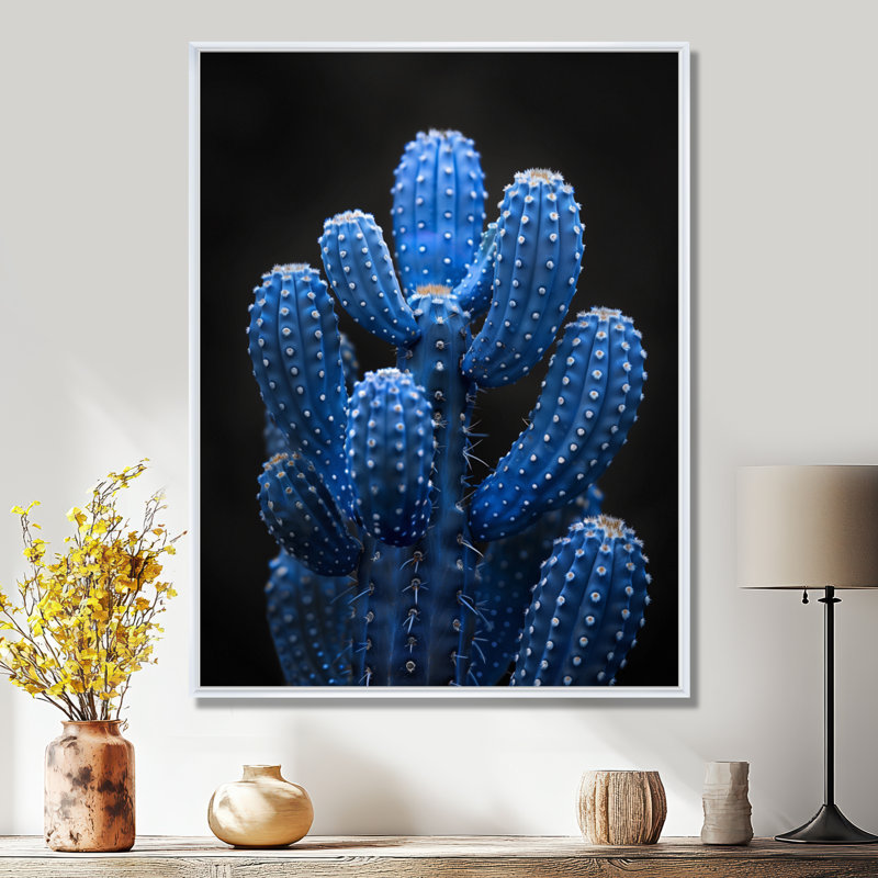 Cactus bleu clair et noir clair de lune - Cactus floral, Toile encadrée flottée blanche, H 20 po x l 12 po x P 1 po