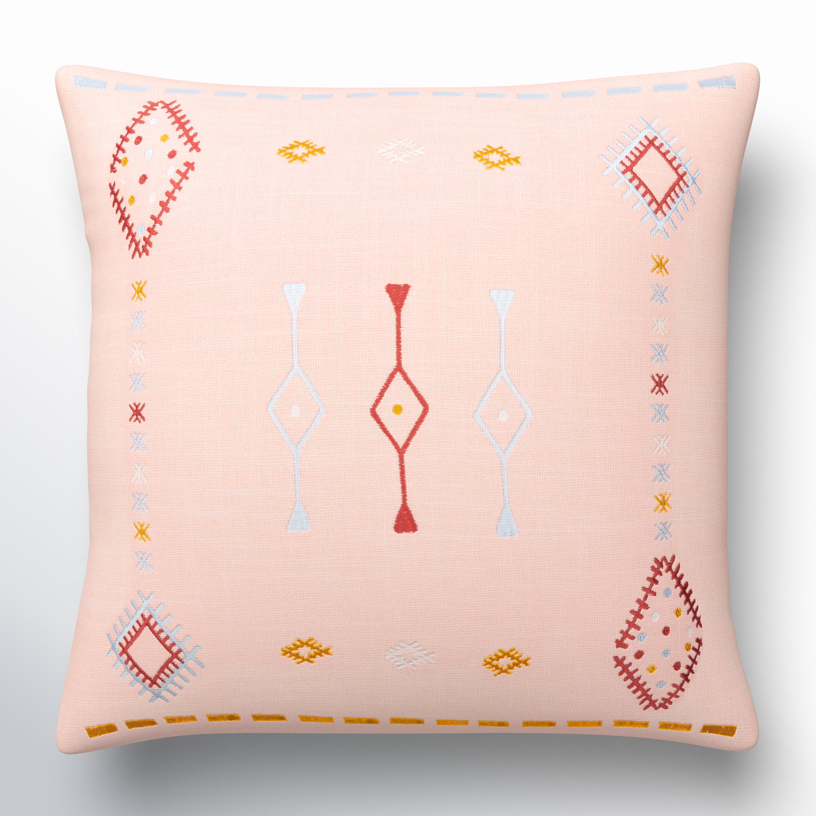 Gwyn Embroidered Cotton Pillow Cover, 18" x 18", Dusty Pink/Pale Blue/Mustard