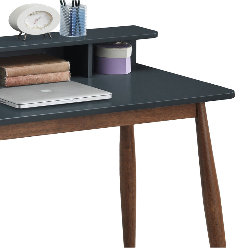 Bureau Mid-Century moderne gris avec - 3 casiers ouverts, pieds en bois évasés, 43 po x 23,6 po x 34,4 43 po x 23,6 po 34,4