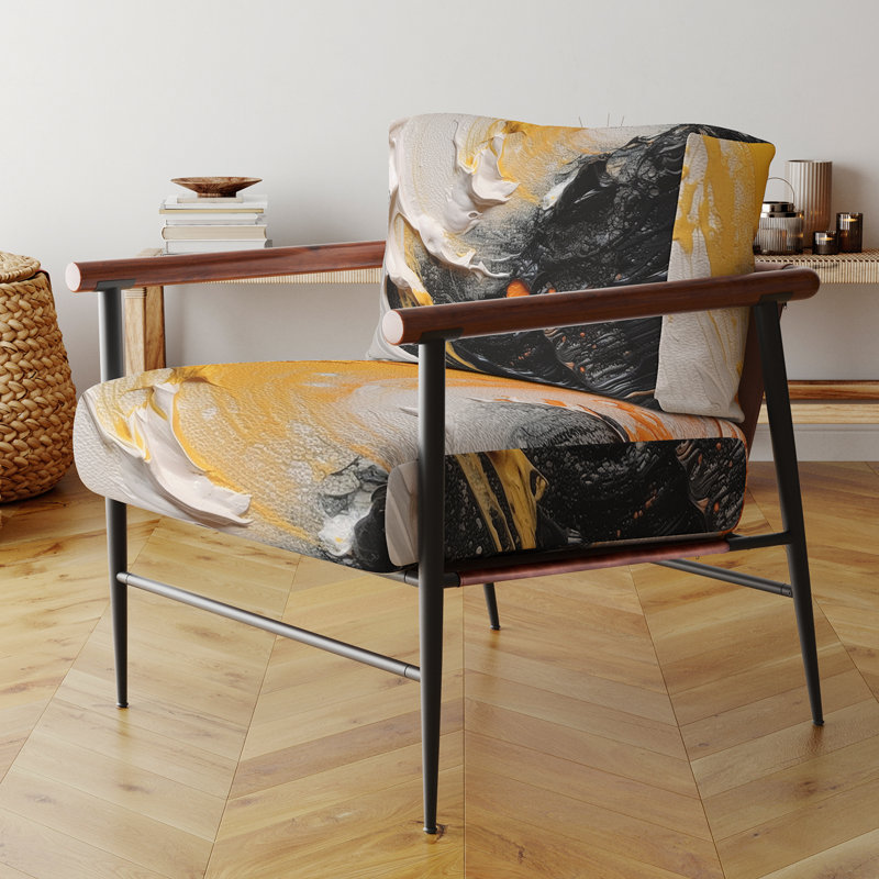 Golden Ocean Spiral Waves, peinture - fauteuil rembourré jaune et blanc, Noir, noir, noir, noir