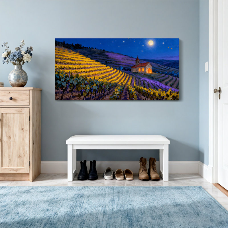 «Landscape & Nature Vineyard Church Moonlit Night Landscape», reproduction d'art, H 24 po x l 48 po