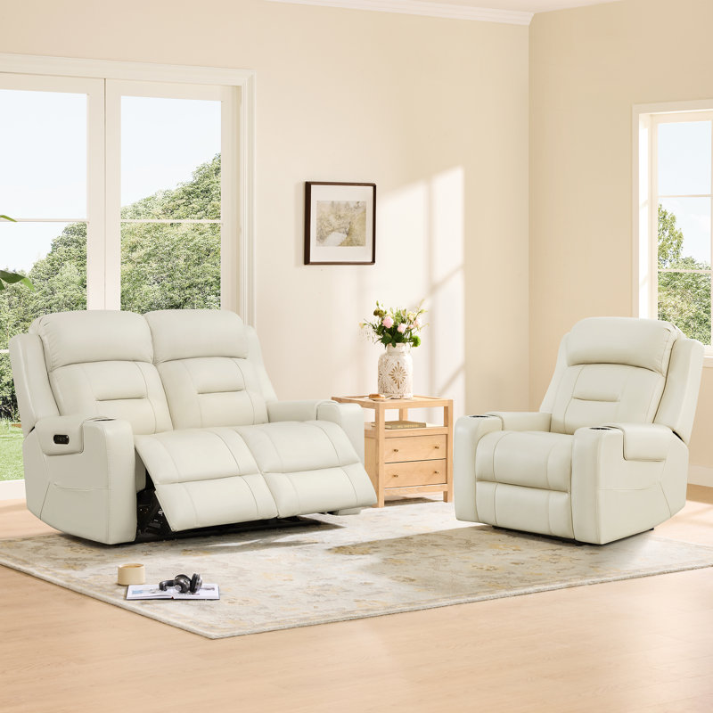 Olathe Genuine Leather Dual Motor Power Reclining Lay Flat Living Room Set With Power Headrest, Cream