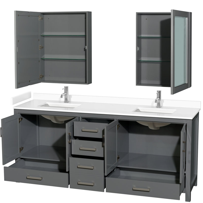 Sheffield 80" Bathroom Vanity Set with Mirror and Medicine Cabinet, White Cultured Marble, Dark Gray, 80" W