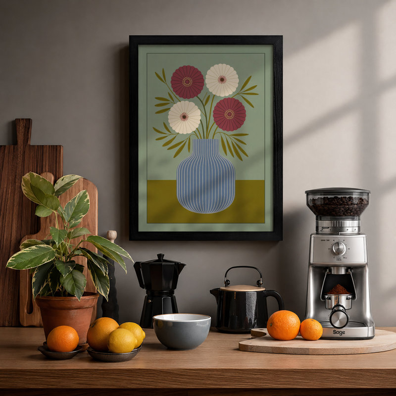 Blooms In Striped Vase Botanical - Print, A3 - 42.0 x 29.7 cm, White
