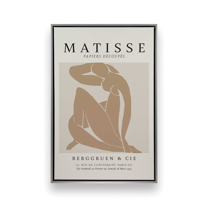 Matisse's Nude II en brun clair, reproduction sur toile encadrée, Cadre flottant en chrome poli