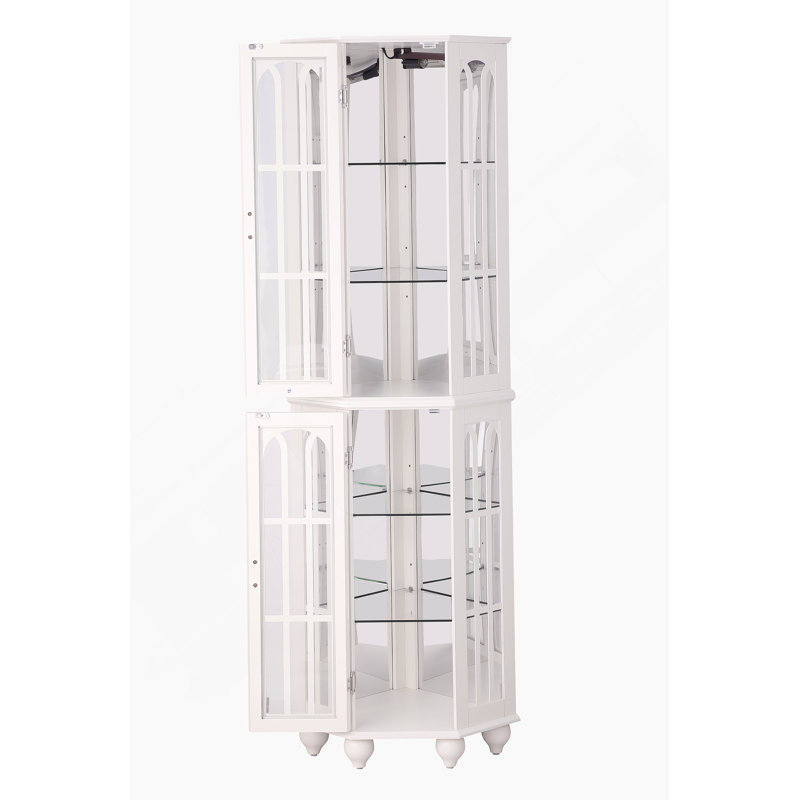 Corner Curio Cabinet with 4 Adjustable Tempered Glass Shelves and Lighting System, White