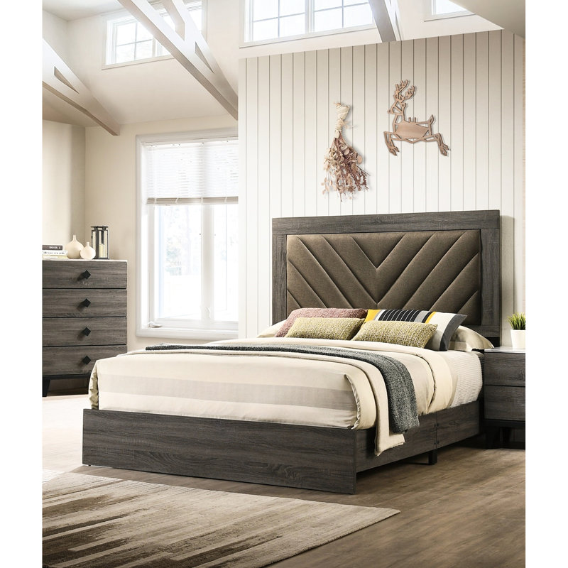 Lit double classique avec tête de lit tapissier à cadre transitionnel gris rustique et base en bois, Gris