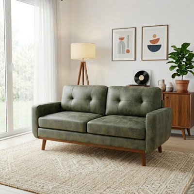 65-inch Mid-Century Modern Two-Seater Sofa in Olive Green – Solid Wood Legs & Breathable Polyester Fabric