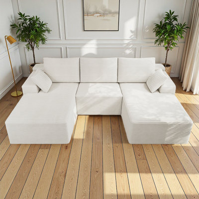 Koli 98" U-Shaped Compression Sectional, Corduroy Cloud Couch, White