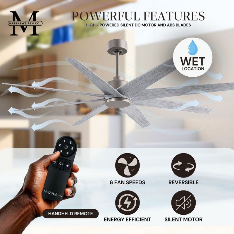 Ariella - Eight Blade Ceiling Fan - Brushed Brass Finish - Matte Black Blades, Barn Wood Tone, Brushed Nickel