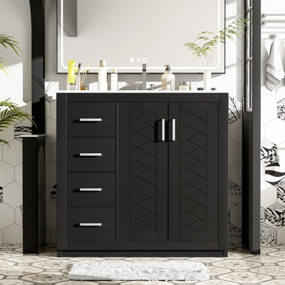 Vancamp 36-Inch Bathroom Vanity With Ceramic Sink, Solid Wood Frame, Hinges, , Ample Storage For Various Items, Retro Style, Exquisite Metal Handle, Smooth Drawer Slide, Multi-Purpose 36'' Frame Cabinet,