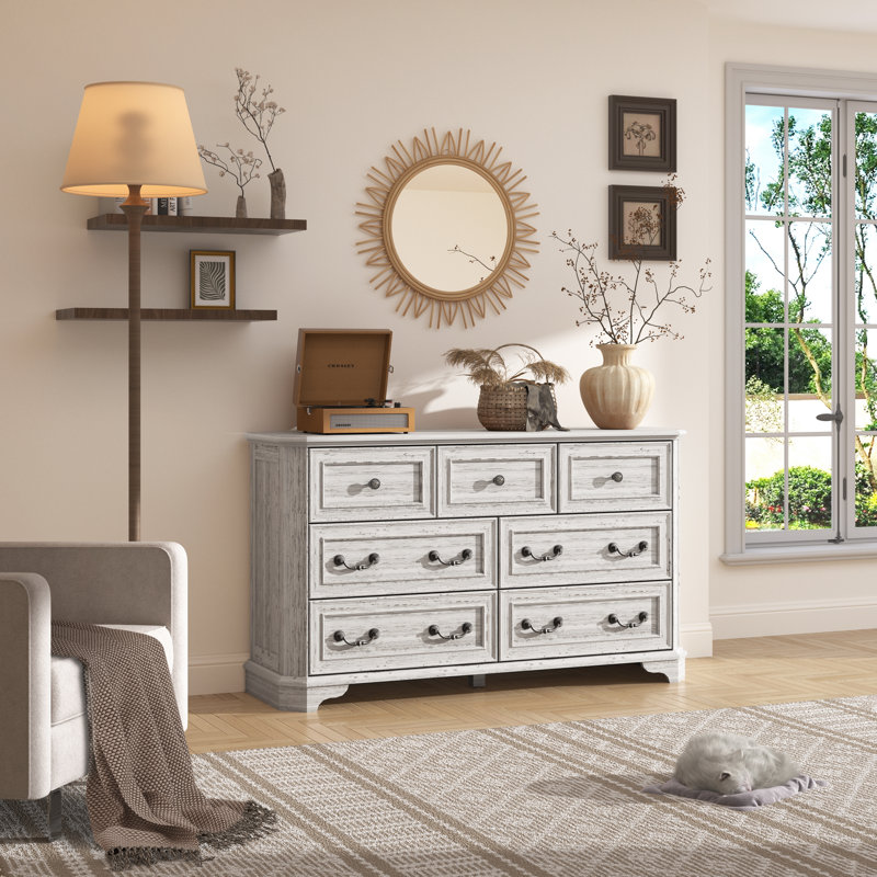 Commode 7 tiroirs Vintage Farmhouse, Blanc patiné