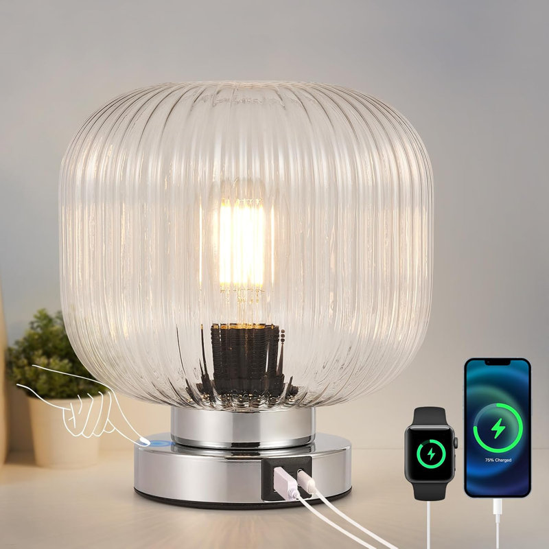 Touch Control Table Lamp With USB-C And USB-A Charging Ports, Glass Shade, Chrome, Clear