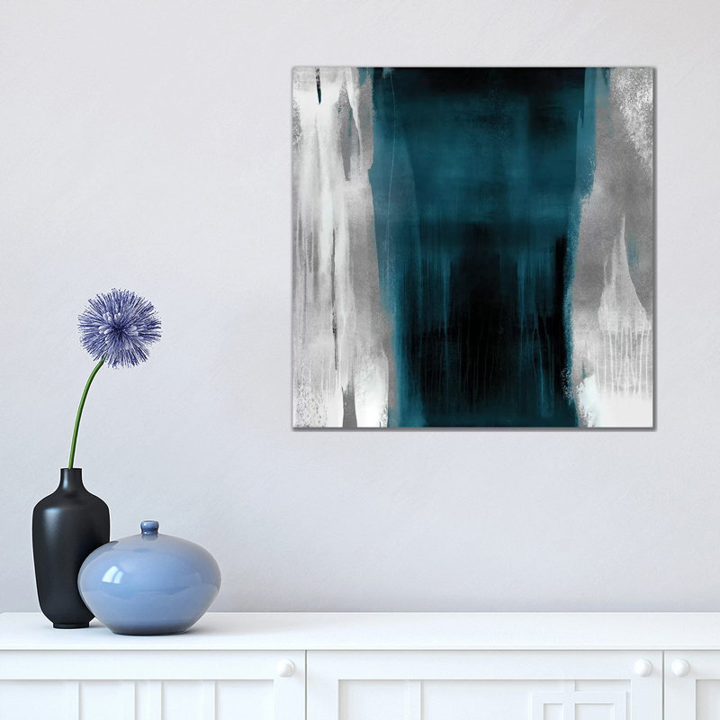 «Free Fall Teal with Silver II» par Christine Wright - reproduction imprimée, H 18 po x l 18 po x 1,5 po, Toile tendue