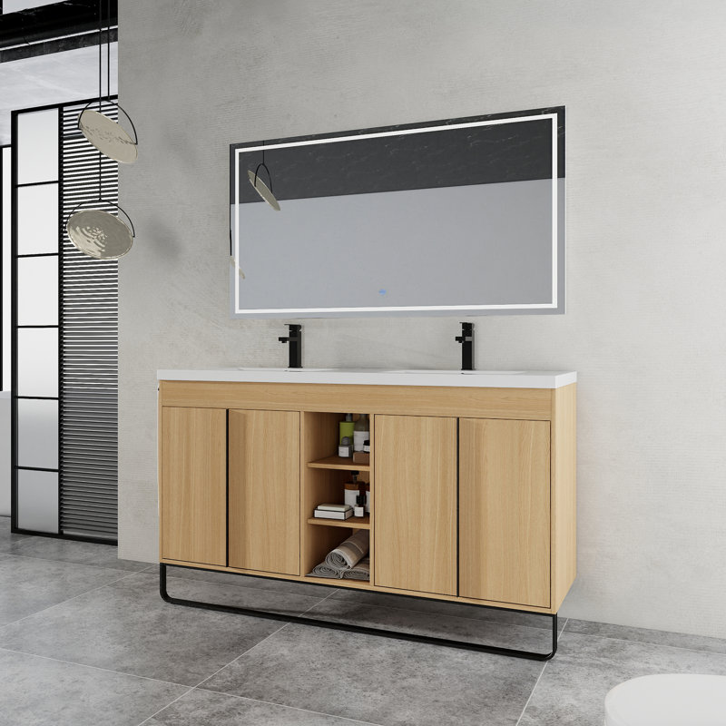 Meuble-lavabo autoportant de 60 po avec double lavabo en résine, porte à fermeture en douceur 4 et support de rangement à 3 ouvertures