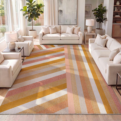 Huddersfield Rainbow Contemporary Stripe Red/Gold/Cream Rug