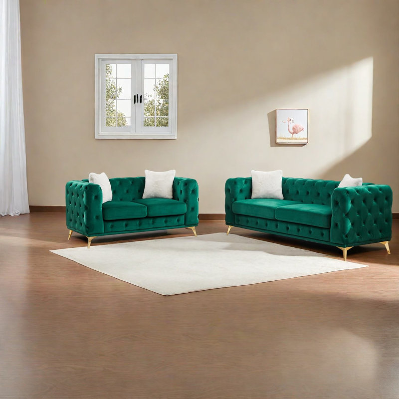Ensemble de canapés à compression, salon en velours vert avec cadre en bois