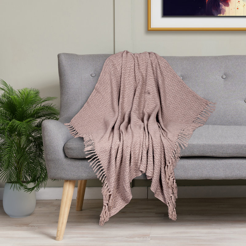 Handloomed Beige Cotton Chevron Throw Blanket with Tassels 52"x67"