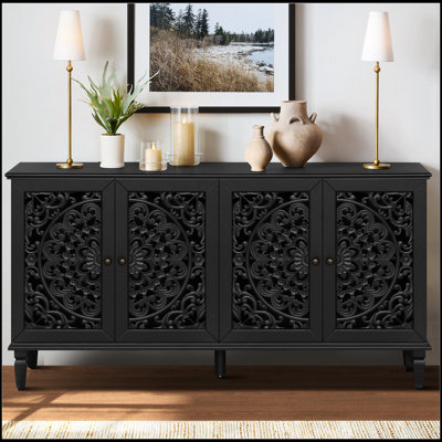 60 Inch Antique Buffet Cabinet With Floral Carvings, Solid Wood Legs, Brass Handles, And Adjustable Shelves For TV And Storage