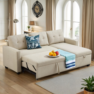 L-Shaped Corner Couch Upholstered Pull Out Sectional Sofa with Storage Chaise, Convertible Sleeper