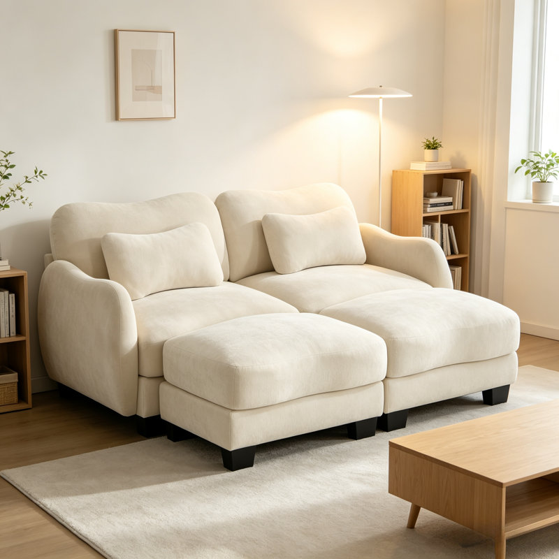 Canapé ergonomique courbé beige en chenille l 70,85 po avec coussins et 2 repose-pieds