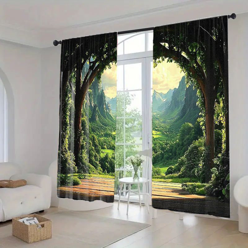 2Pcs Fantasy Forest Landscape Window Curtains Natural Scenery Mountain Valley View  Print Room Darkening Curtain Panels Thermal Insulated Light Blocking Drapes for Living Bedroom Office Home Decor