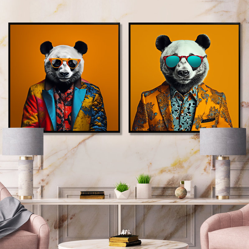 Fashion Panda In suit I - Ensemble de 2 impressions sur toile Panda, Cadre flottant noir, H 16 po x l 33 po x P 1 po