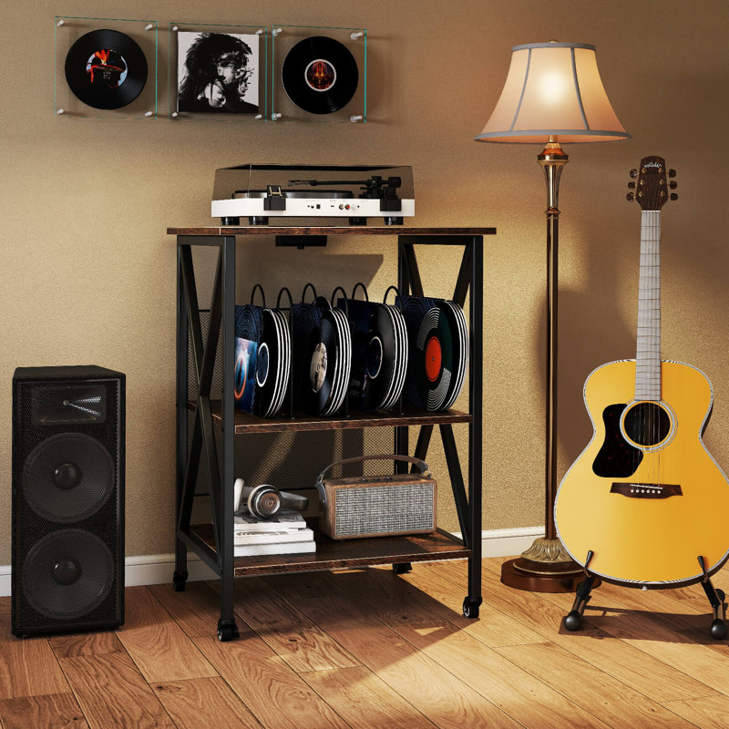  3-tier Record Player Stand With Metal Dividers Adjustable Shelf & Power Outlets