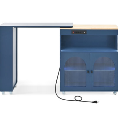 Modern Navy Kitchen Island With Adjustable Table, Power Socket Rolling Storage Led , Socket, Fluted Glass Doors,
