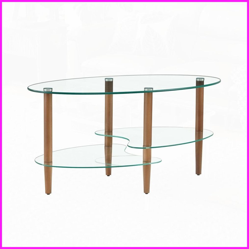 Transparent Oval Glass Coffee Table for Living Room - 3-Layer, 220lbs Capacity, Easy to Clean, Oak Wood Legs, Brown, Brown