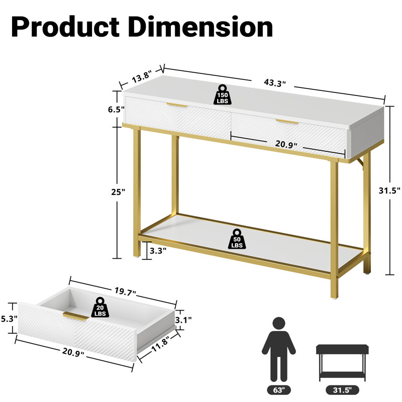 43.3" Wide Modern Console Table with Fluted Drawer Fronts, Wooden Sofa Table with 2 Drawers, Entryway Table for Hallway & Behind-Couch Storage