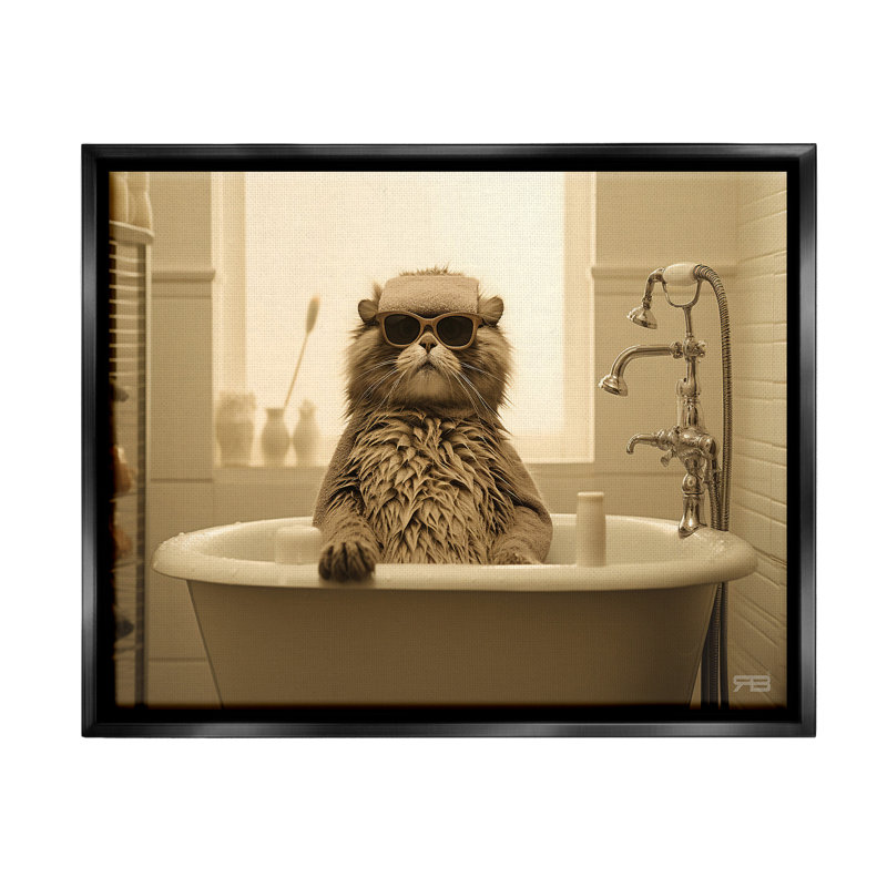 "Cool Cat In Bathaign" par RB sur toile, Cadre flottant noir de jais, H 25 po x l 31 po