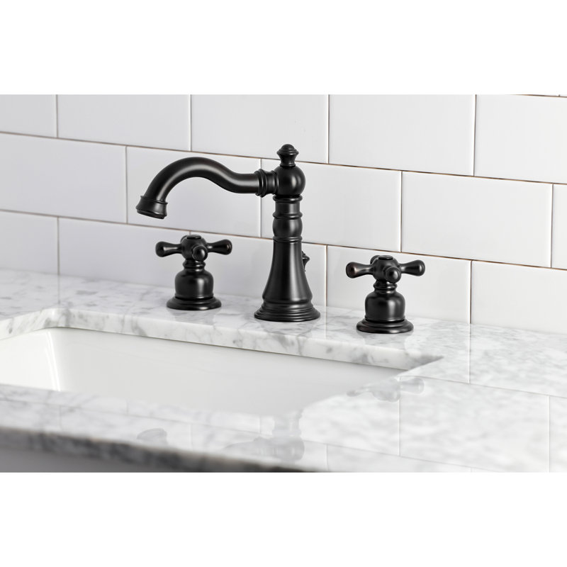 Kingston Brass American Classic Two-Handle 3-Hole Deck Mount Widespread Bathroom Faucet with Pop-Up Drain, Matte Black