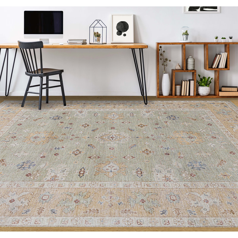 Tapis vert clair et doré de haute qualité noué à la main Ziegler