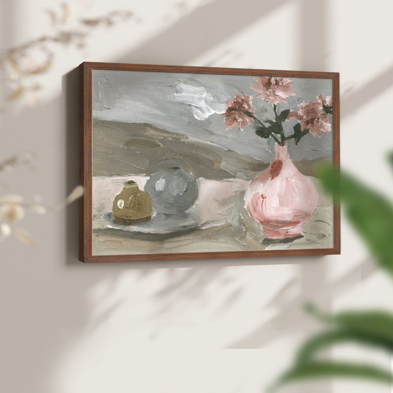 Vase de fleurs roses VI - reproduction encadrée - réarmable, H 16 po x l 20 po, Noyer