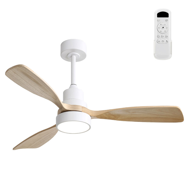 48 Inch Wood Ceiling Fan With 3 Solid Wood Blades Remote Control Reversible Dc Motor For Living Room, Natural, White