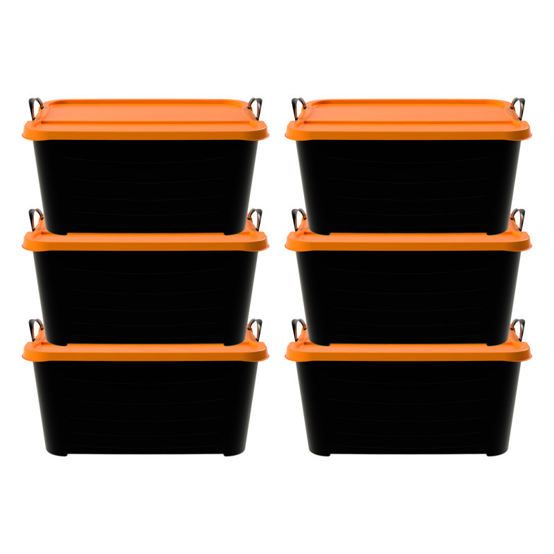  55Qt Stackable Storage Bin, Versatile Lidded Container, Black, 6 Pack, Black/Orange