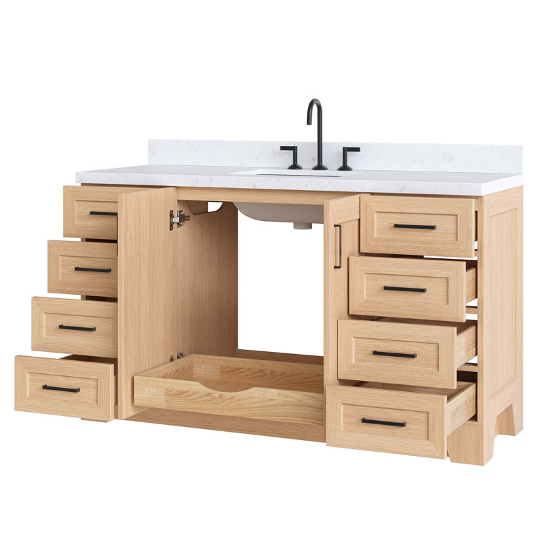 61 IN.  Single Bathroom Vanity, Rectangle, Natural Oak, Carrara Quartz