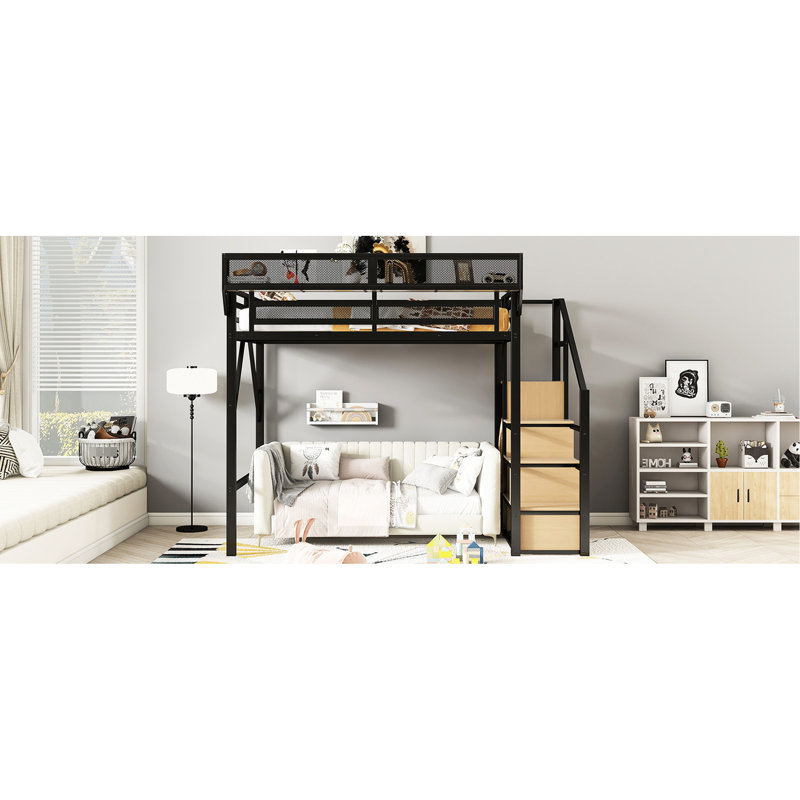 Lit mezzanine double en métal avec escalier, tablettes de rangement et garde-robe, idéal pour les escaliers supérieurs de 11,3 po, lit encastré, largeur du produit: 55,8 po